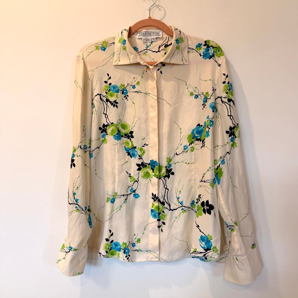 Vtg 90s Starington 100% silk button front blouse 14 cream ivory floral old money